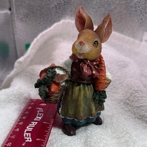 Hand-Painted Brown Rabbit Figurine with Carrot Basket - Home Accent Decor